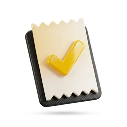 Ícone 3D de recibo com selo de confirmação dourado, representando pagamento de contas
