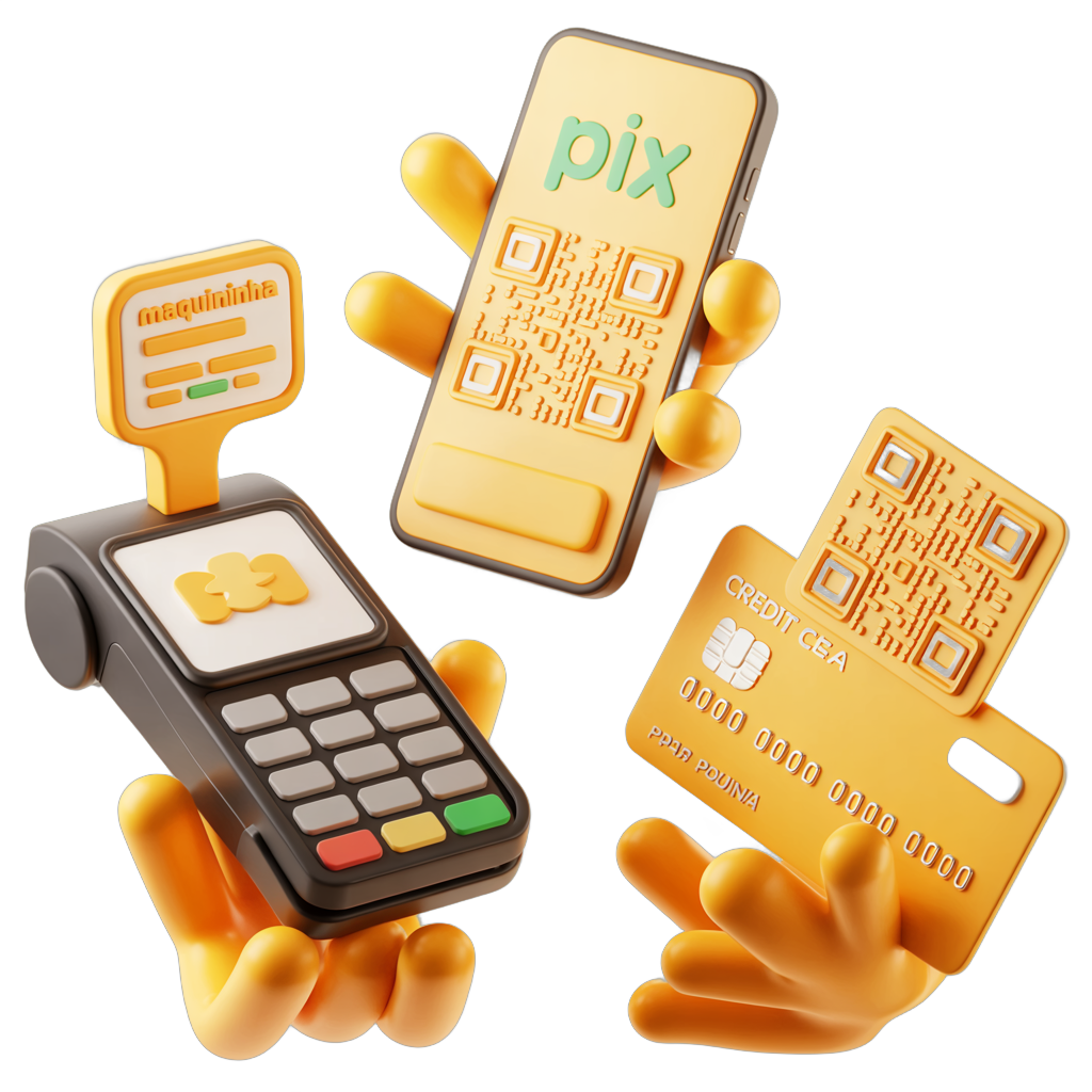 Trio 3D mostrando maquininha modoPAG, smartphone com QR Pix e cartão com link de pagamento