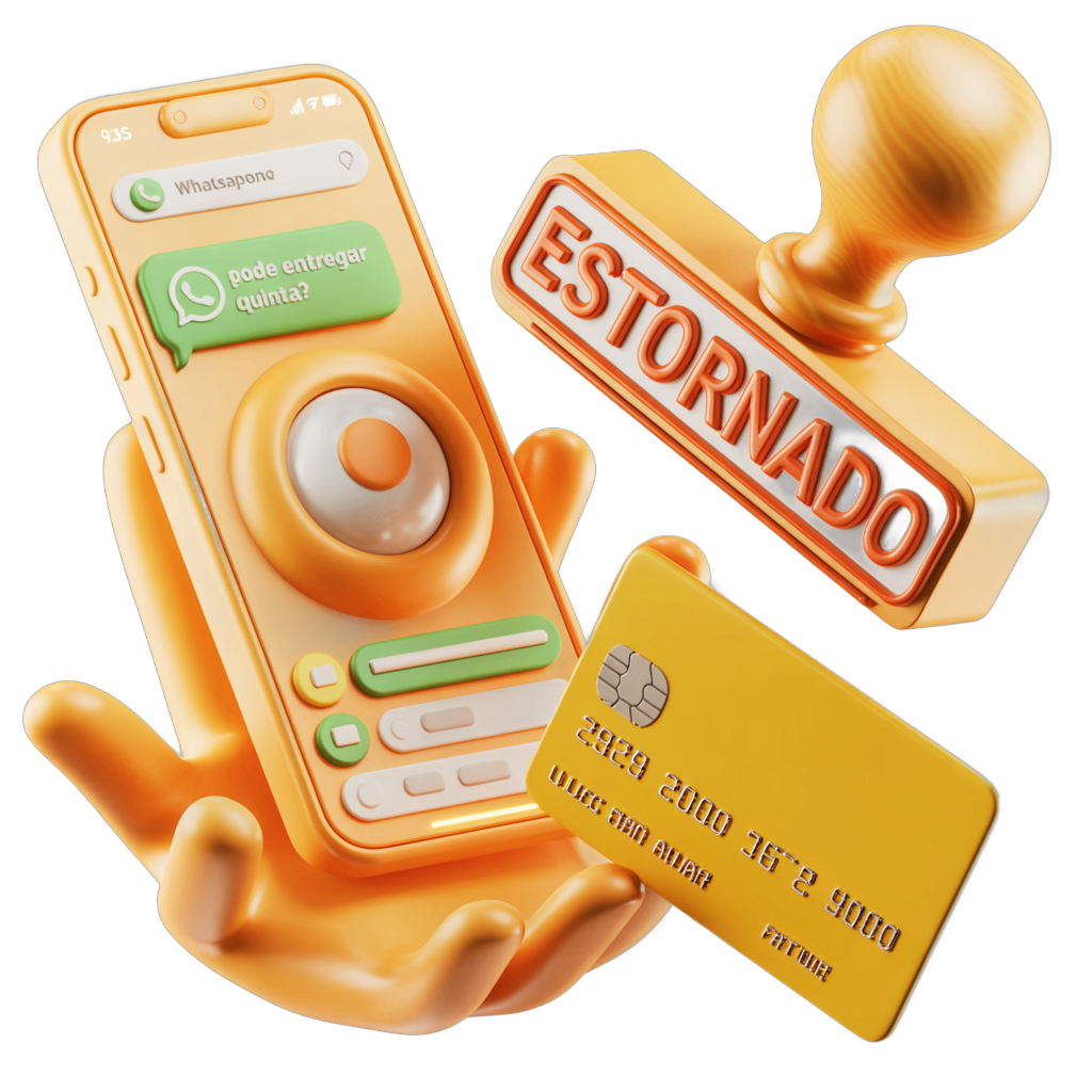 Smartphone 3D mostrando conversa de WhatsApp Business com selo "ESTORNADO" e cartão de crédito