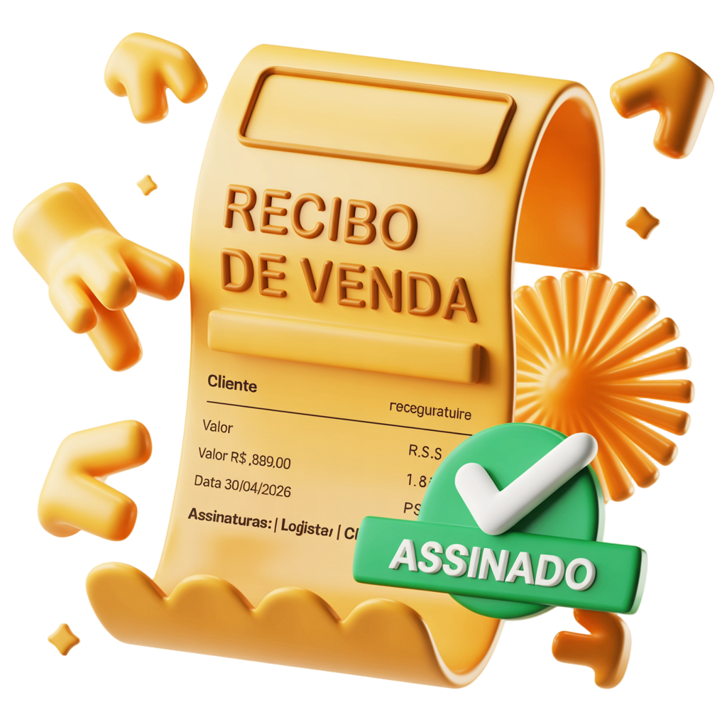 Mockup de recibo digital modoPAG com selo ASSINADO em verde, mostrando dados do cliente e do produto vendido