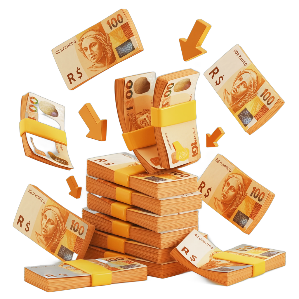 Ilustração 3D de pilha de notas de Real com algumas voando, simbolizando perda financeira