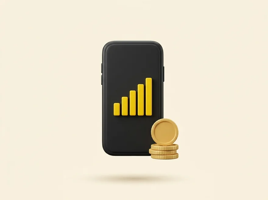 Celular com sinal completo e moedas — recarga feita e comissão na conta