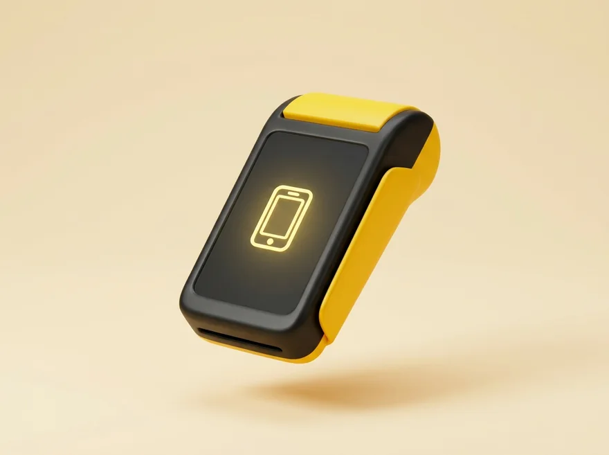 Maquininha modoPAG amarela com a função recarga de celular no menu