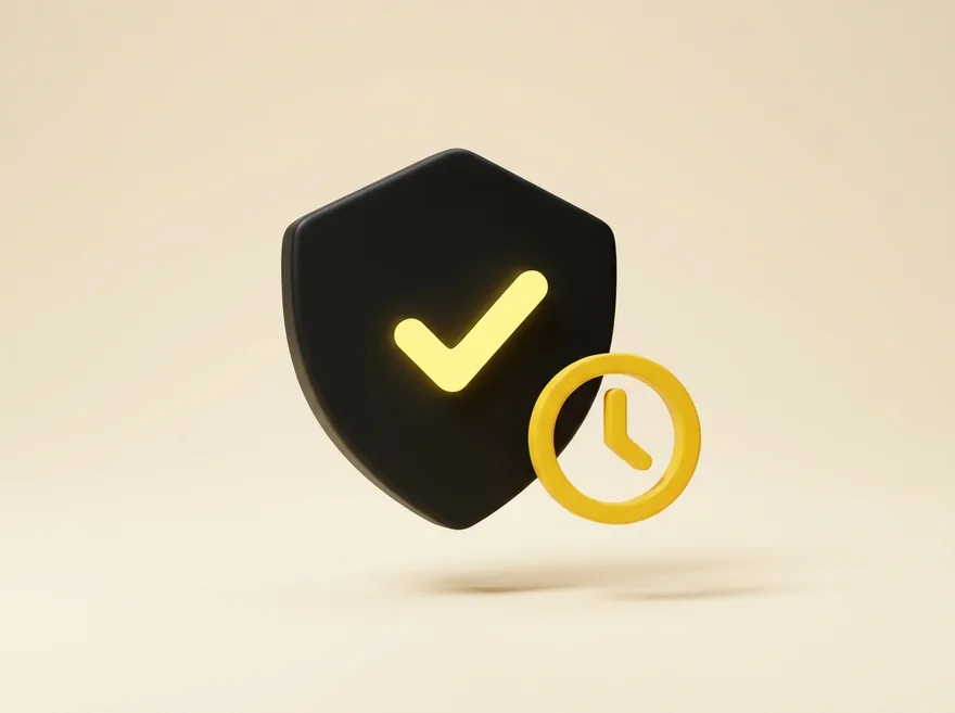 Escudo com selo de aprovação e relógio — análise do credenciamento pela bandeira de voucher