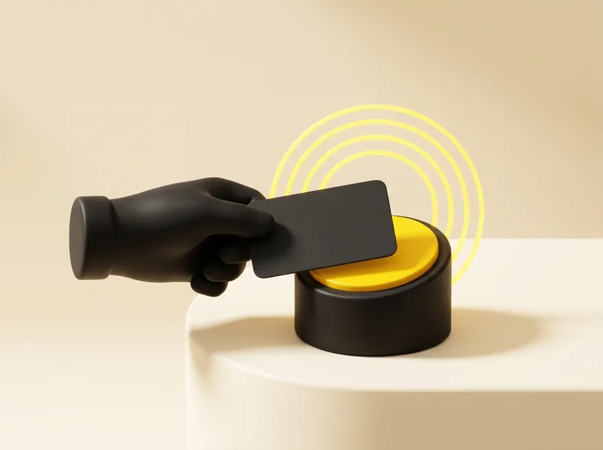 Mão aproximando cartão de vale-refeição na maquininha por NFC — venda no voucher aprovada